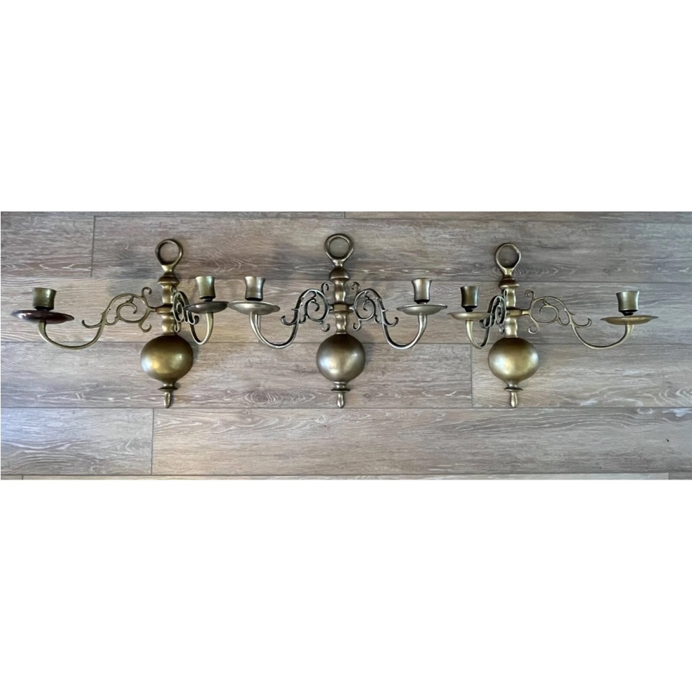 Set Of 3 Colonial Williamsburg Brass Style Candlestick Wall Sconces